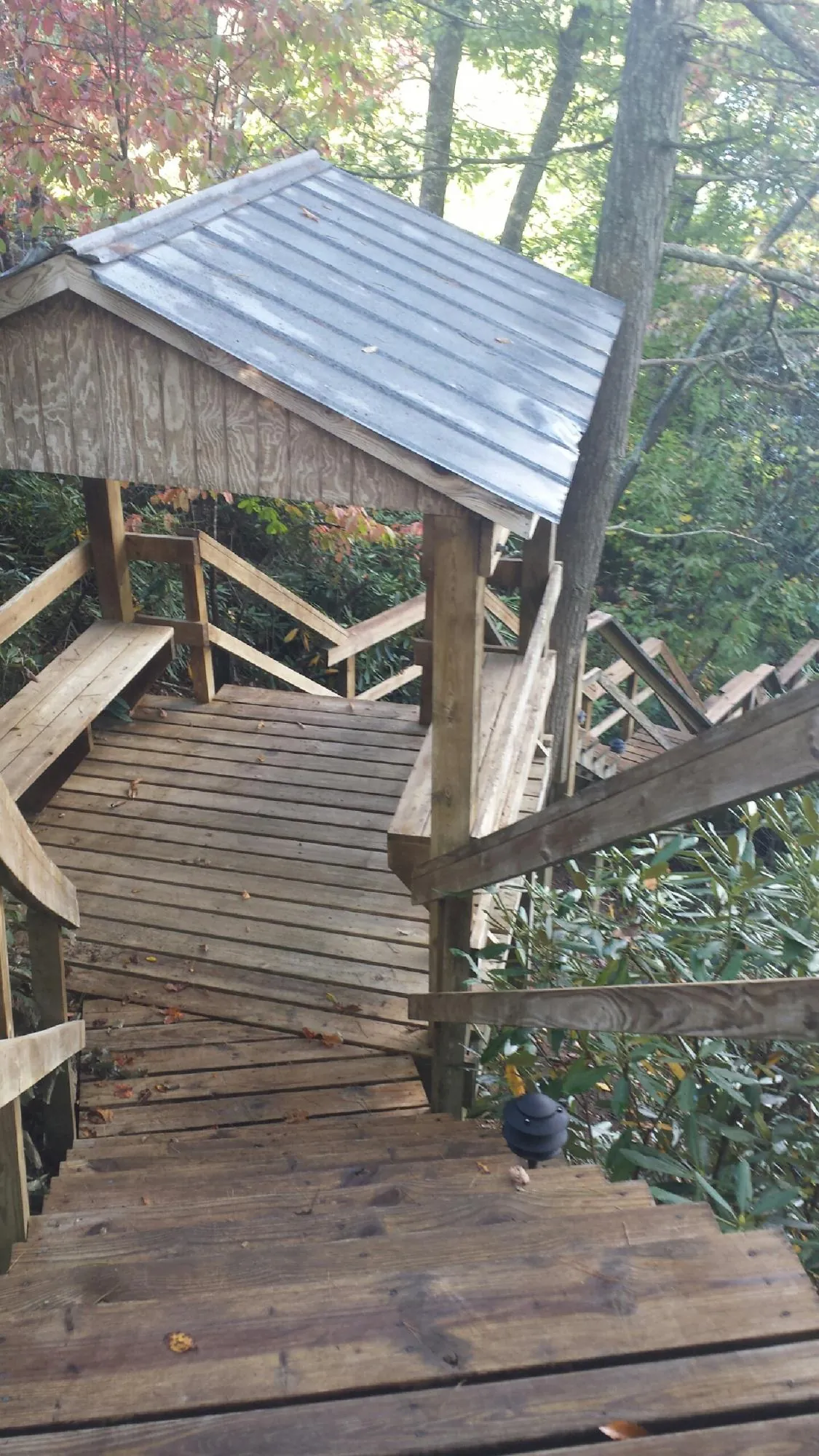Metal roofed shelter over wooden steps on a wooded walkway — Skylight Repair & Installation work by our crew in Nicasio